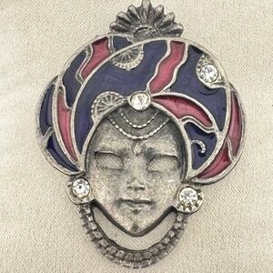 Vintage 1980s Venetian Mask Brooch Silver Tone Enamel Rhinestone Masquerade Pin